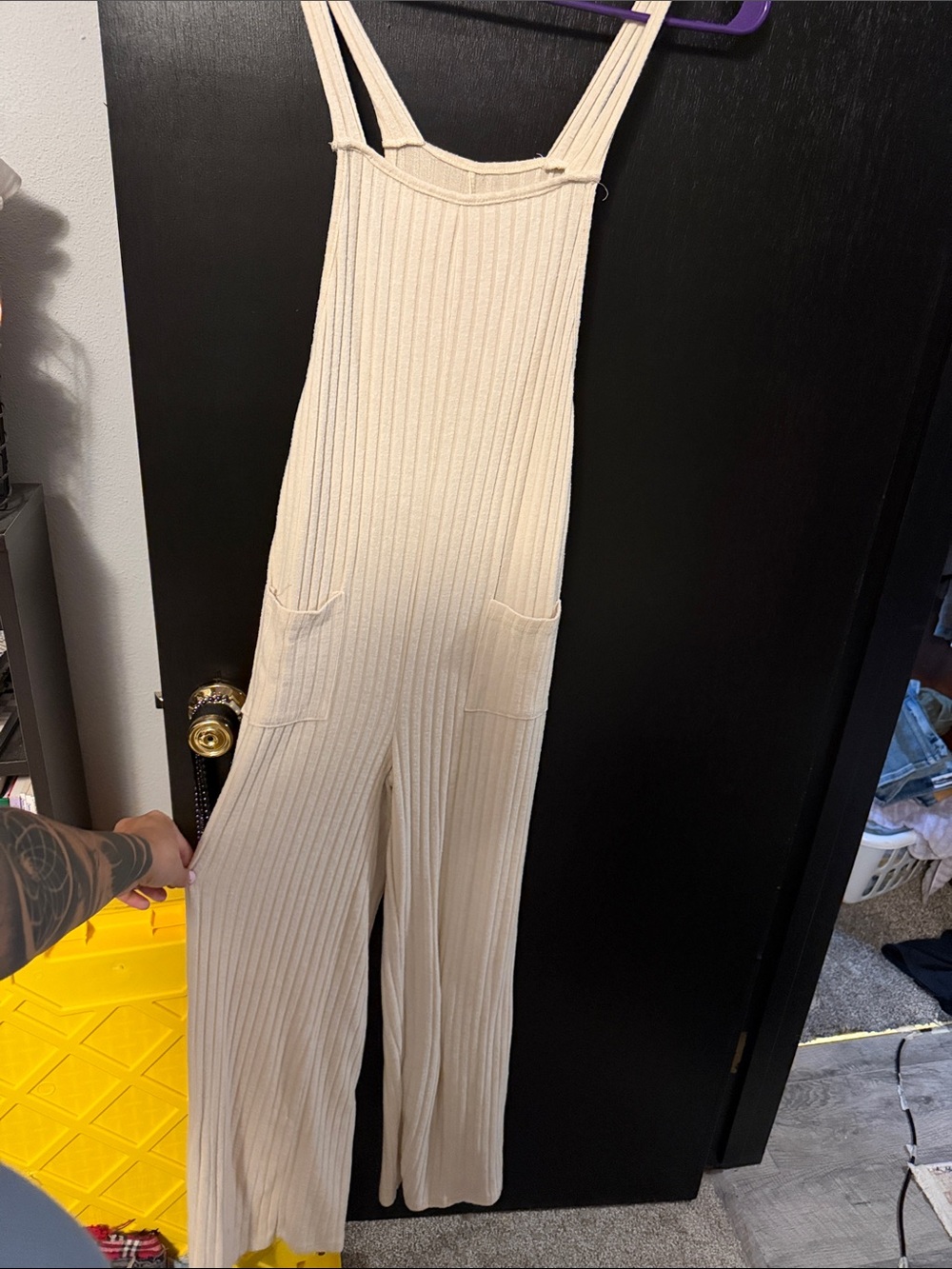 Sleeveless Ribbed Wide-Leg Jumpsuit in Cream